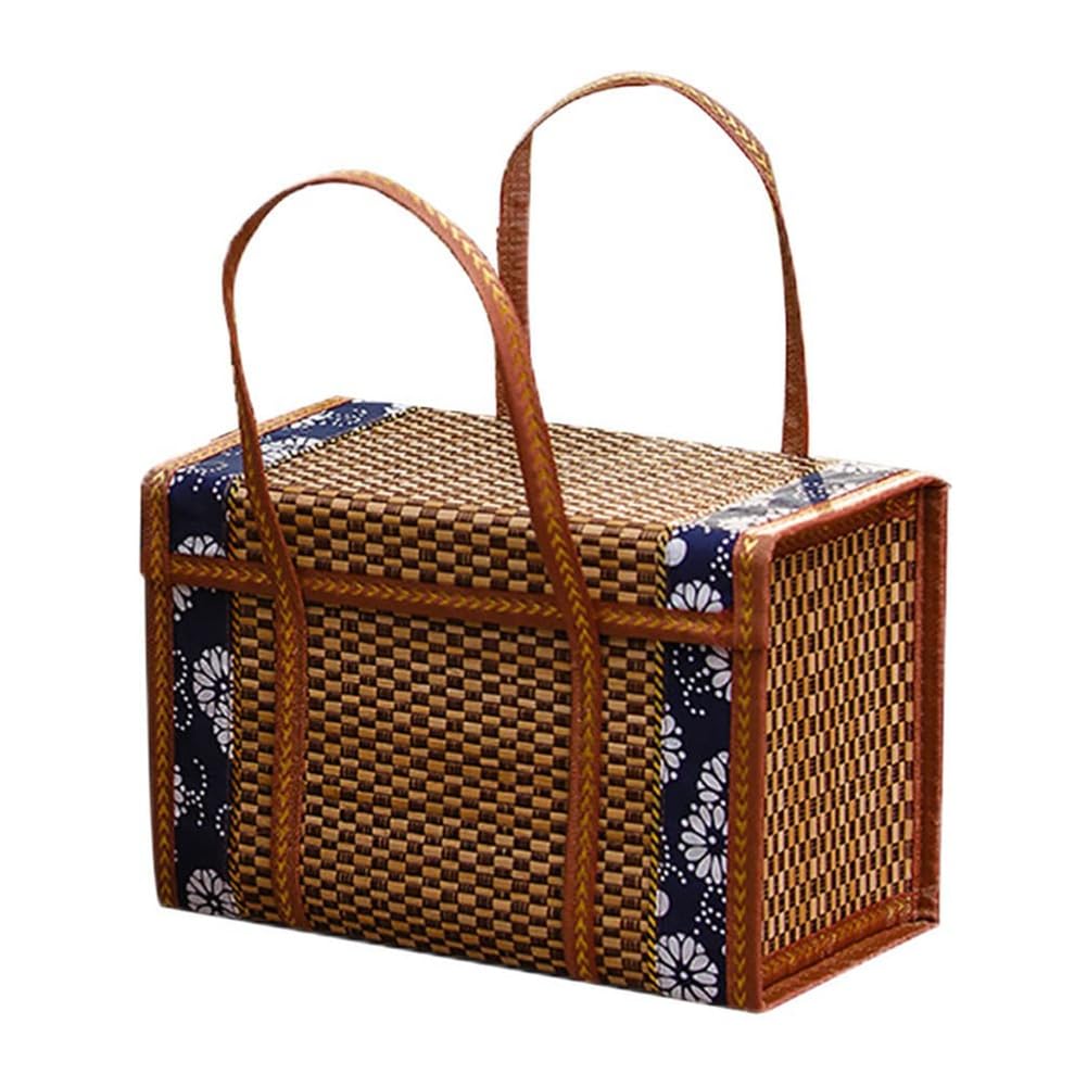 CTRLZS Picnic Woven Basket Wicker Storage Bag Handle Folded Fruit Shopping Food Handle Rattan Grass Foldable Bamboo Basket Easy Storage B