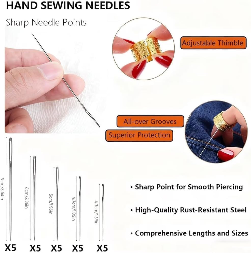 39 Pieces Big Eye Stainless Steel Needles Set, Sewing Kit for Hand Sewing, Embroidery and Quilting Includes Thread, Threader, Thimble, Scissor, Portable Storage Case for Fabric, Denim, Leather - Image 3