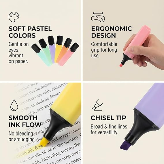 Pastel Highlighters Pens | Chisel Tip, Quick-Dry, Smudge-Free Ink | Soft Fluorescent Colours for Study, Journaling, Planners, Office & School Supplies (6, 12, or 24 Pack) (24)