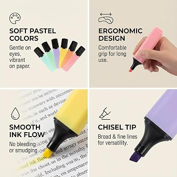 Pastel Highlighters Pens | Chisel Tip, Quick-Dry, Smudge-Free Ink | Soft Fluorescent Colours for Study, Journaling, Planners, Office & School Supplies (6, 12, or 24 Pack) (24)