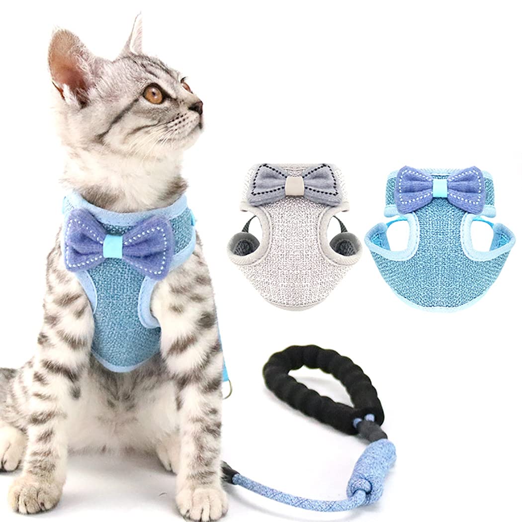 Harnais et Laisse pour Chat, Harnais Gilet Respirant Anti-Fuite, Laisse pour Animal de Compagnie avec nœud décoratif