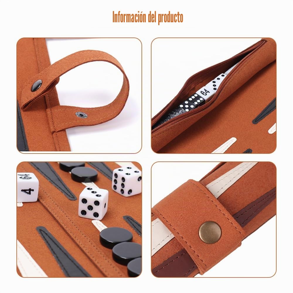 Backgammon de Cuero, Backgammon Viaje, Juego de Back Gammon Clásico, Incluye Accesorios de Piezas de Ajedrez, Back Gammon Enrollable para Viajes y Viajes, 25x35cm (Moca)