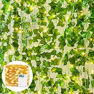 YQing 12 Pack Artificial Ivy Leaf Garland Plants Vine Hanging Wedding Garland English Ivy with 90 LED String Light Home Kitchen Garden Office Wedding Wall Decor