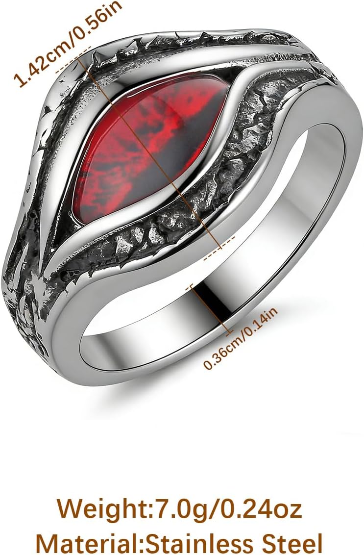 HZMAN Demon's Eye Wide Band Ring for Men, Stainless Steel Distressed Textured Ring with Red Black Dragon Vein Crystal, Gothic Punk Statement Jewelry for Daily Wear Size 6-13