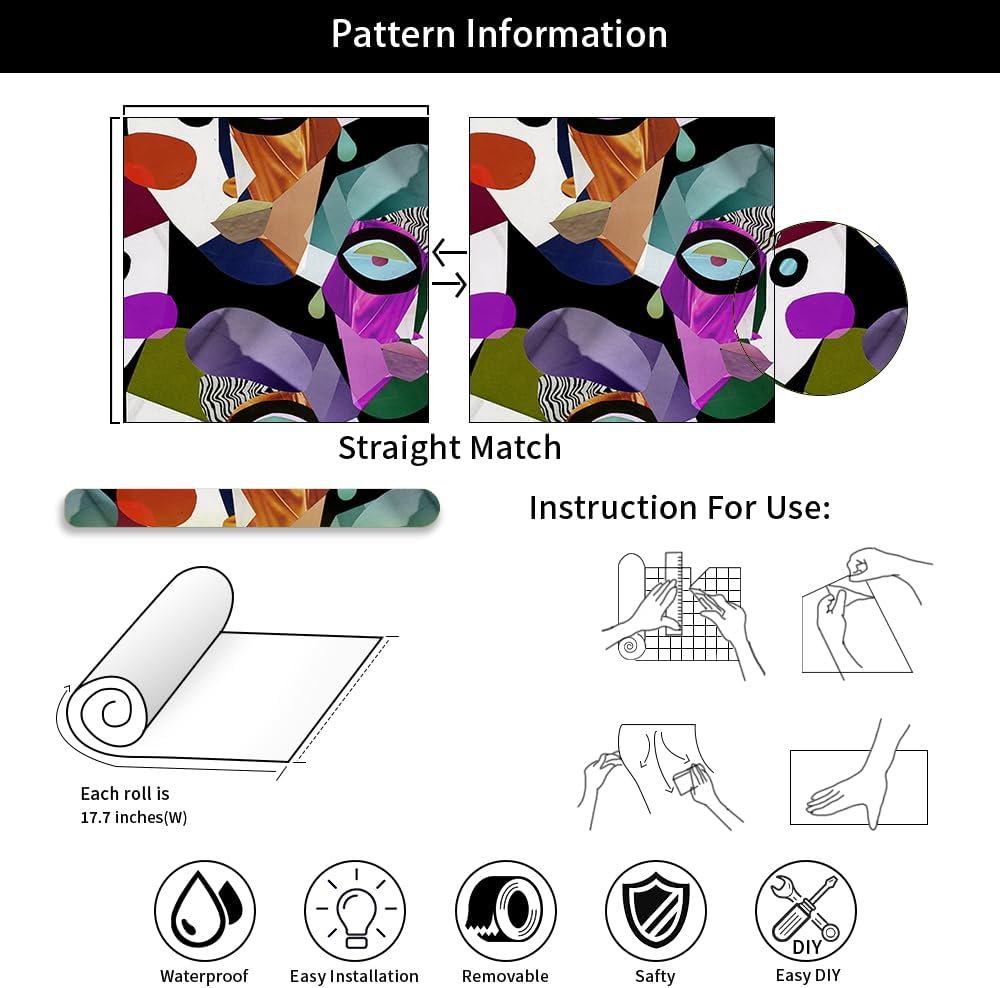 Modern Abstarct Human Face Purple Art Peel and Stick Wallpaper Easy Peel Off Contact Paper Stick on Adhesive Wall Paper for Bathroom Waterproof Renter Friendly