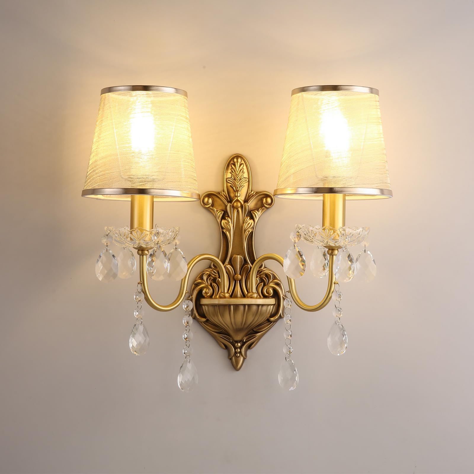 HUAYUSEDF French Brass Crystal Wall Sconces American Retro Candle Living Room Bedroom Bedside Lamp Villa Hotel Study Aisle Corridor Light (H 1 Light)(A 2 Lights)