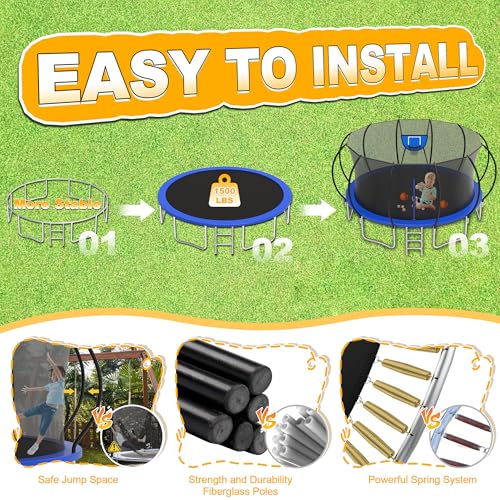 1500LBS Tranpoline Outdoor 8 10 12 14 16FT Tranpoline for Kids and Adults,【Easy to Install & Built to Last】 Recreational Tranpolines with Net, Light+Sprinkler, Basketball Hoop, ASTM Approved