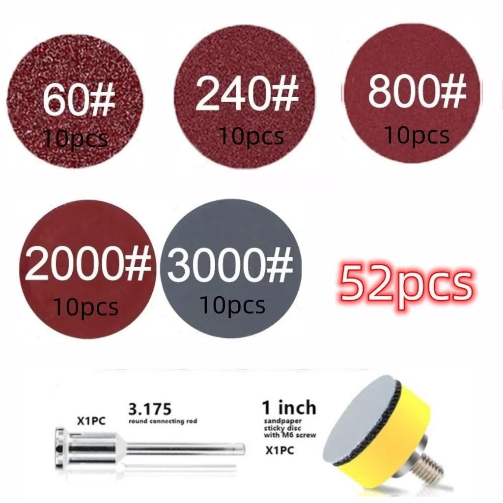 DIY Flocking Sanding Discs Pad Kit 1/2/3 Inch Grit Abrasive Polish Wheel Wood Sanding Paper Set(1inch-52pcs)