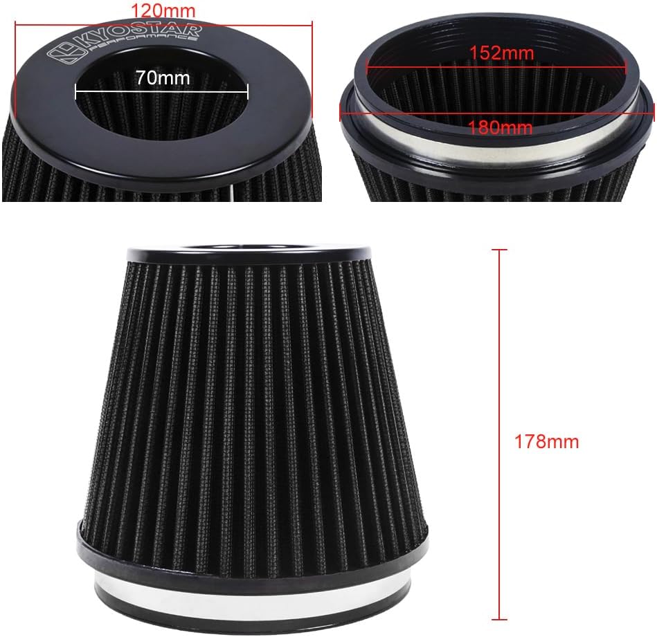 Universal 6" 152mm High-Flow Air Filter, Reusable Cone Cold Air Intake, High Performance, Washable, Clamp-On Car High Flow Air Kit, Flange Diameter: 6 Inch, Filter Height: 7 Inch, Black
