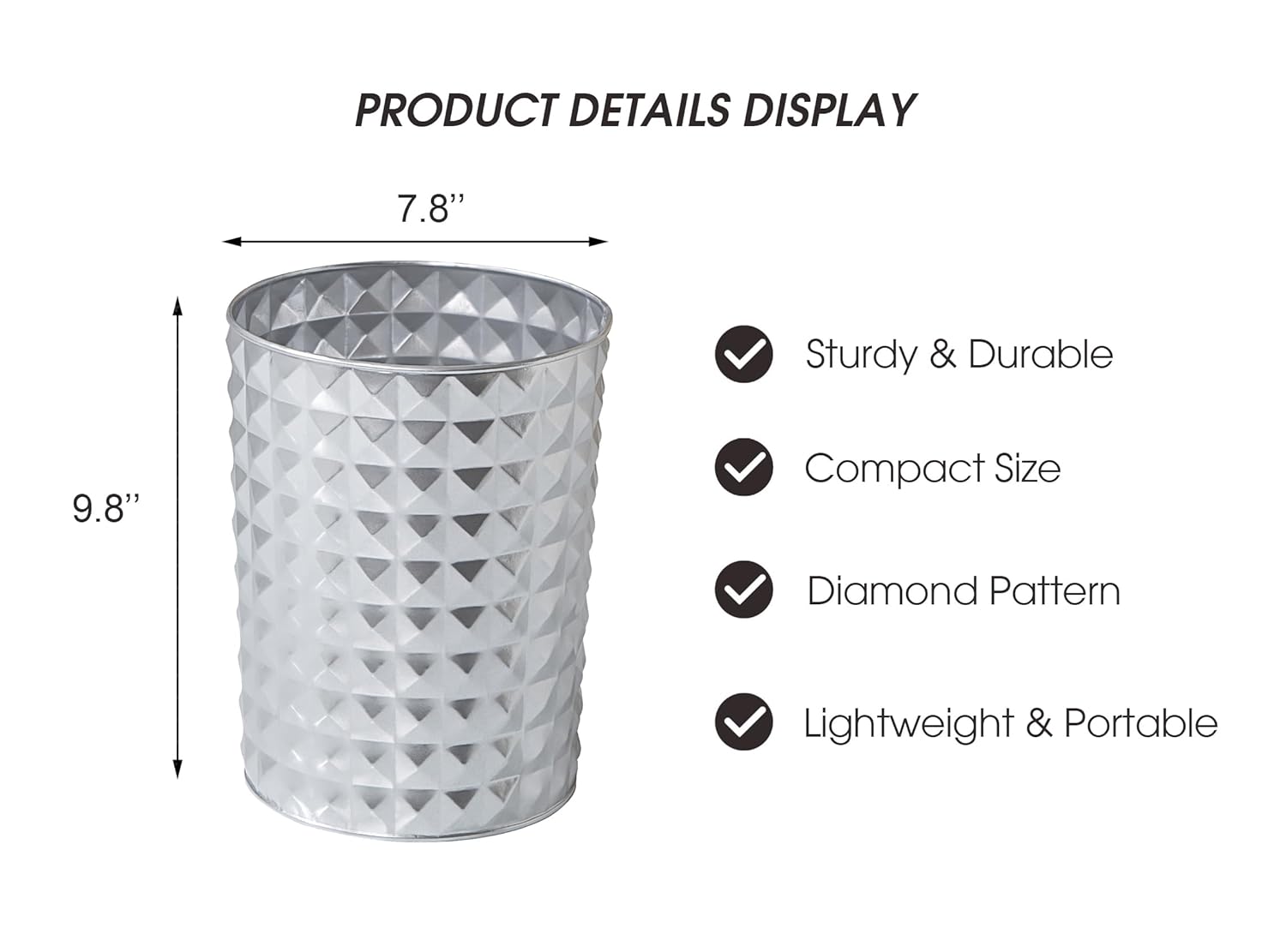 Venalys Small Round Metal Trash Can Wastebasket, Decorative Diamond Pattern Garbage Can Waste Paper Bin, Modern Farmhouse Round Trash Bin for Bathroom, Bedroom, Kitchen and Office (Silver)