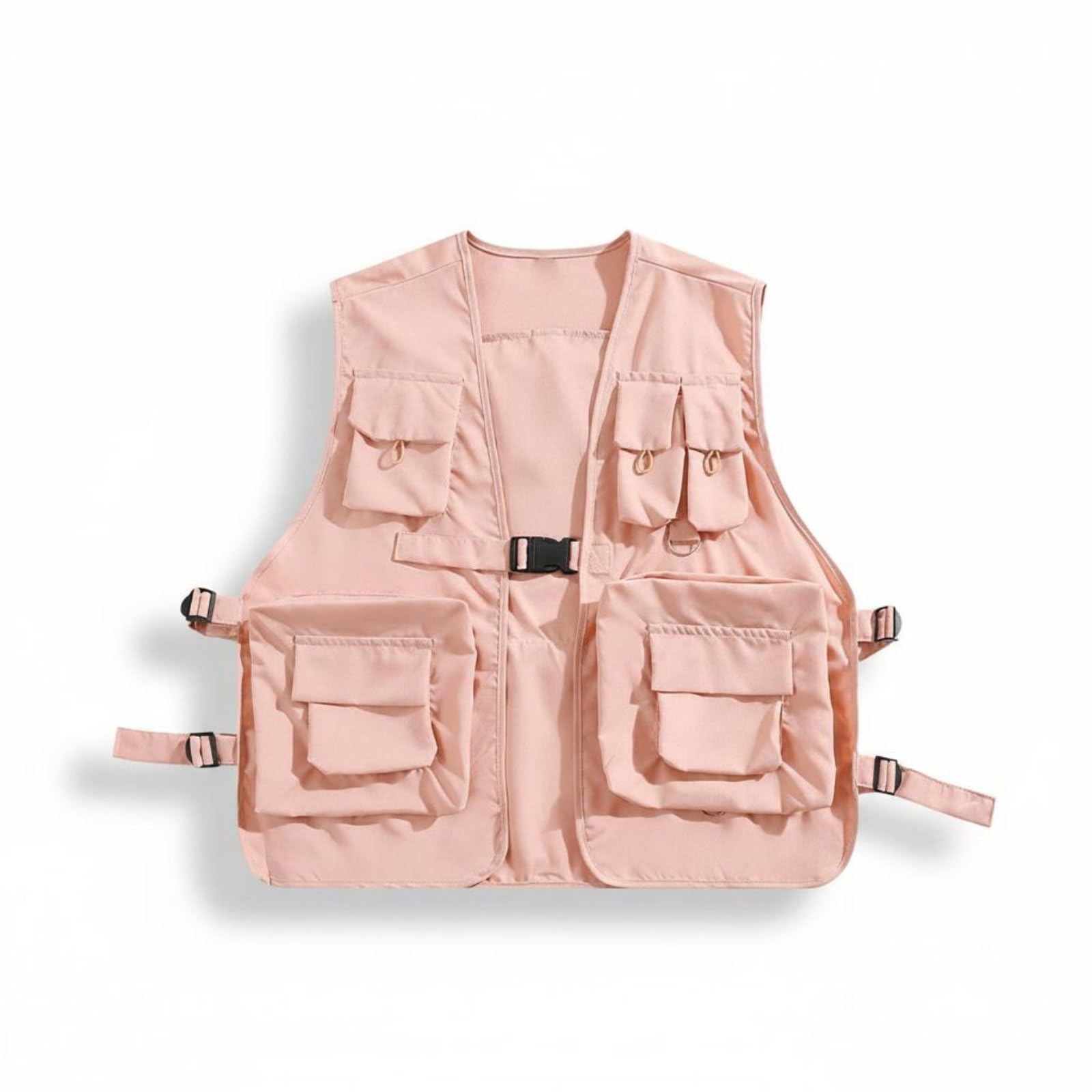 Black Cargo Vest Streetwear Look Multi-Pocket Vest Long-Lasting Utility Sleeveless Jacket for Men, Women, Outdoor, Pink, M|Vests-picture-50