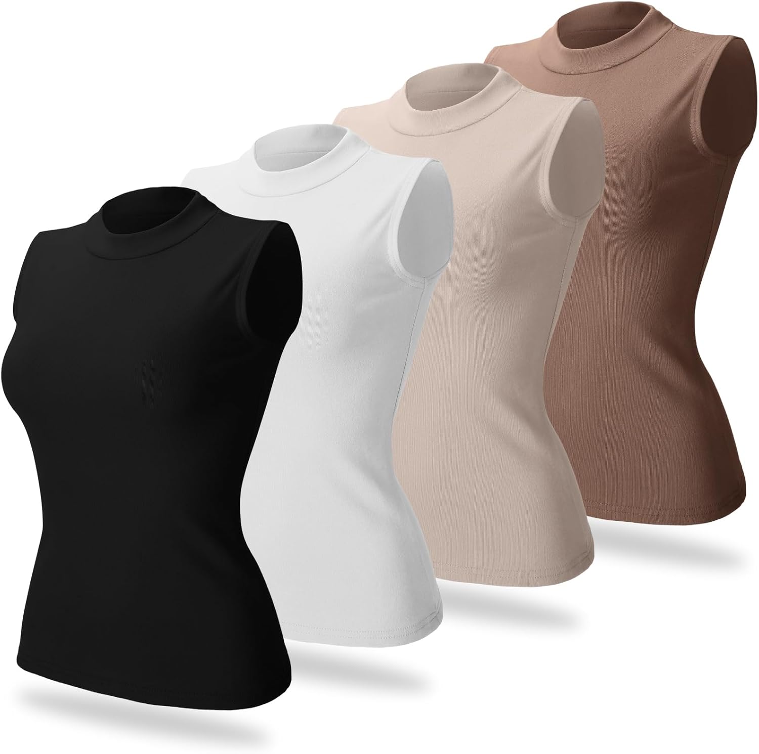 Toulite 4 Pack Women's Mock Turtleneck Sleeveless Tops Fleece Stretch Slim Fitted Mock Neck Tank Tops Winter Basic T Shirts