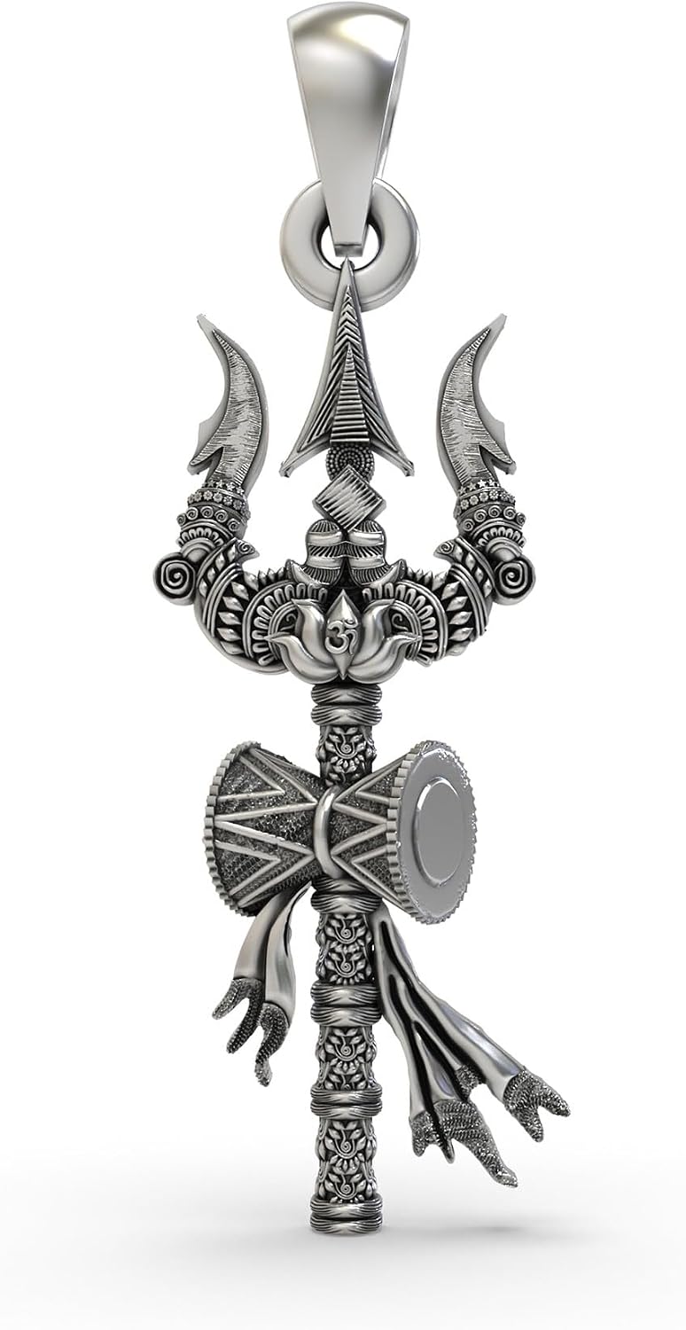 Exotic India 925 Sterling Silver Trident with Damru Pendant Hindu Spiritual Jewelry for Men, Women & Spiritual Occasions