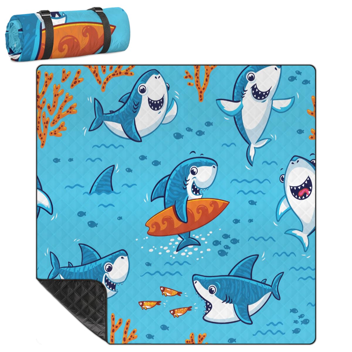 Shimoshe Extra Large Picnic Blankets 79”x 79”, Funny Little Shark Waterproof Foldable Picnic Mat with Straps Portable Beach Blanket for Camping Park Grass Beach Indoor