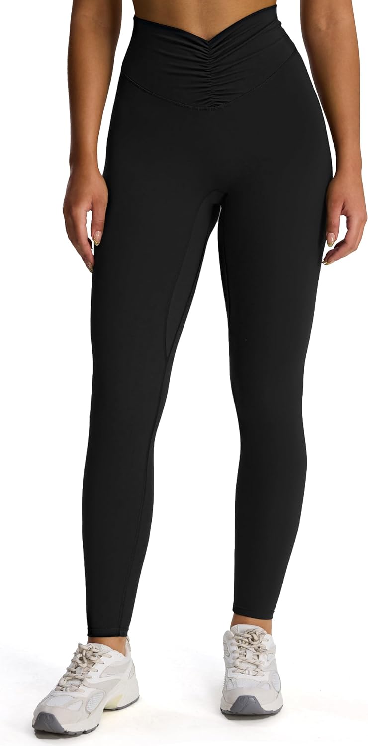 Aoxjox High Waisted Workout Leggings for Women Hidden Scrunch V Waist Front Illusion Ruched Athletic Yoga Pants 26″