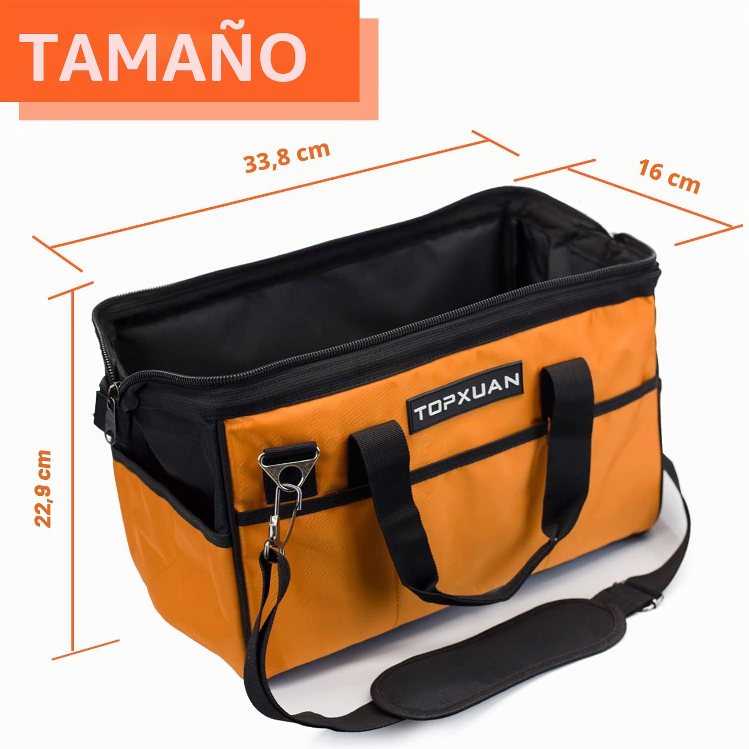 Bolsa de herramientas de 13 pulgadas a prueba de agua de boca ancha correa de hombro ajustable carpintería electricista construcción jardinería herramientas de almacenamiento Naranja y Negro