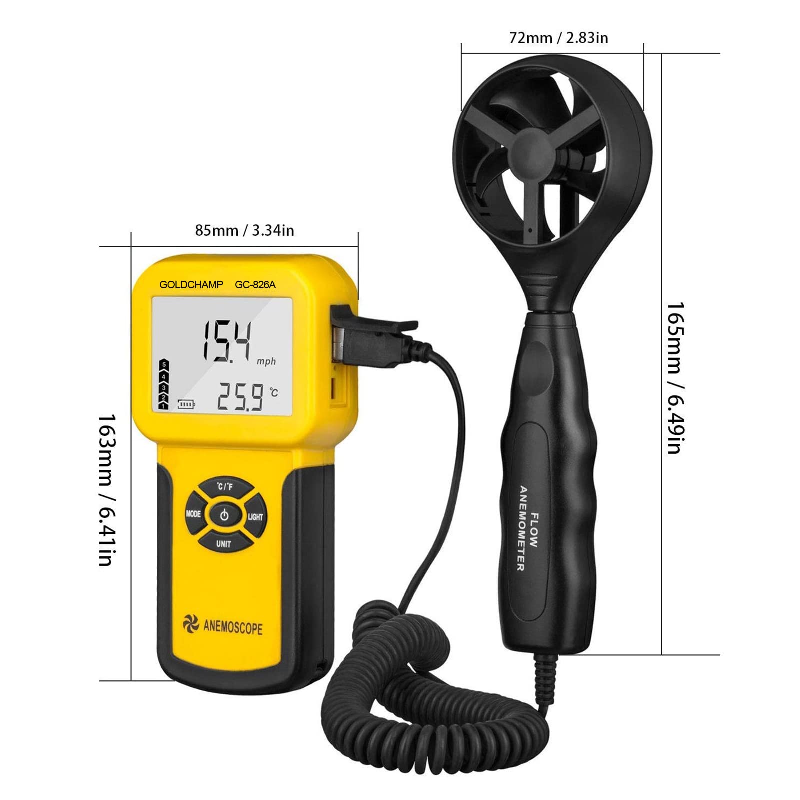 Anemometer windmesser, Digitales Anemometer Handmessgerät 826A Windmesser Windmessgerät/Temperatur ℃/℉, Digitaler Windmesser Max/Min/Durchschnitt/Echtzeitmessung mit LCD-Hintergrundbeleuchtung