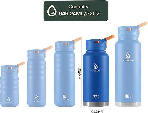 Miniatura 8 de Ideus Botella de agua aislada de acero inoxidable con popote y tapas de boca ancha, termo deportivo reutilizable de doble pared con 3 tapas a prueba
