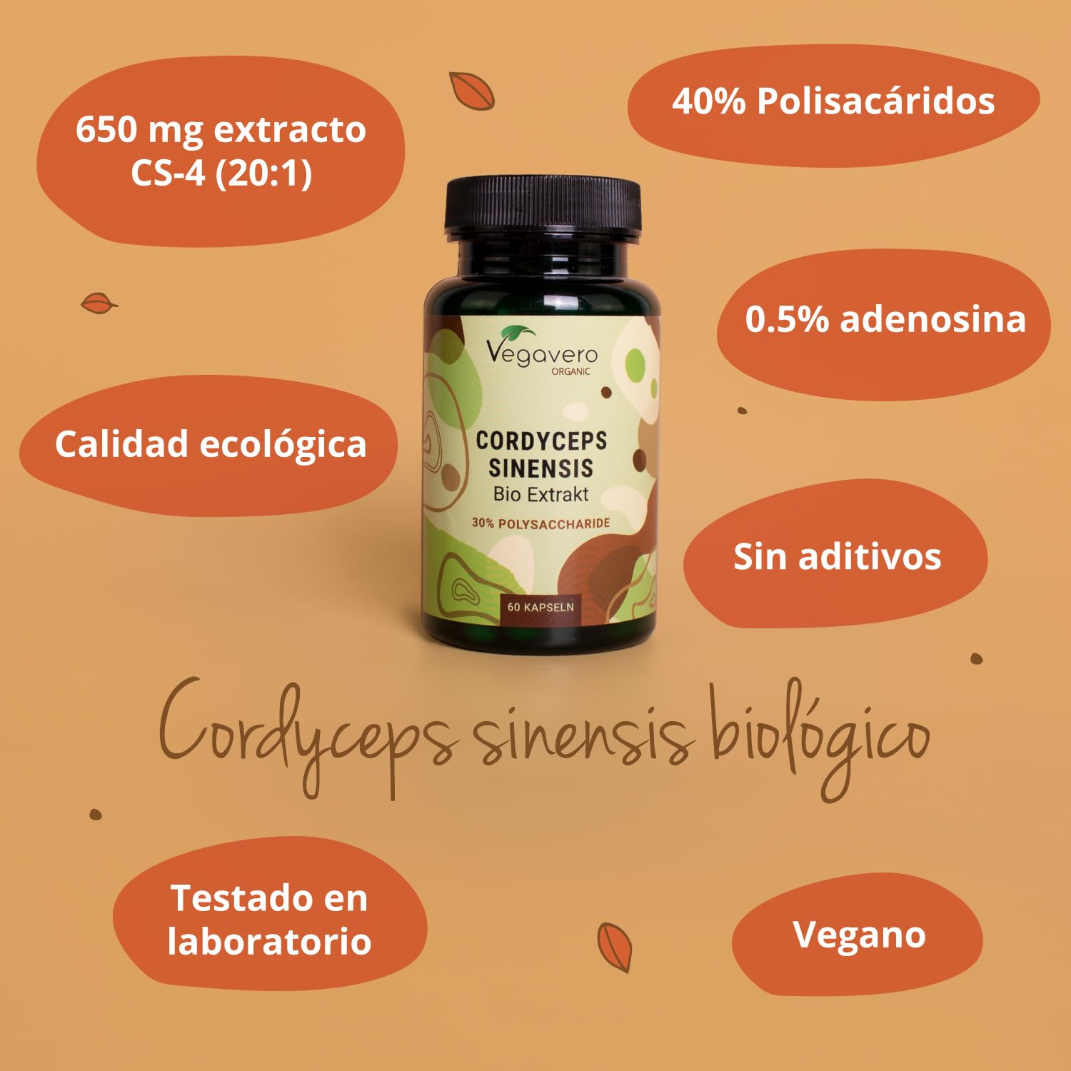 Cordyceps Sinensis Ecológico | 13000 mg (20:1) | Extracto Real CS-4 | 40% Polisacáridos + 0,5% Adenosina | 60 Cápsulas para 2 Meses | Energizante y Vigorizante | Sin Aditivos y Vegano | Vegavero