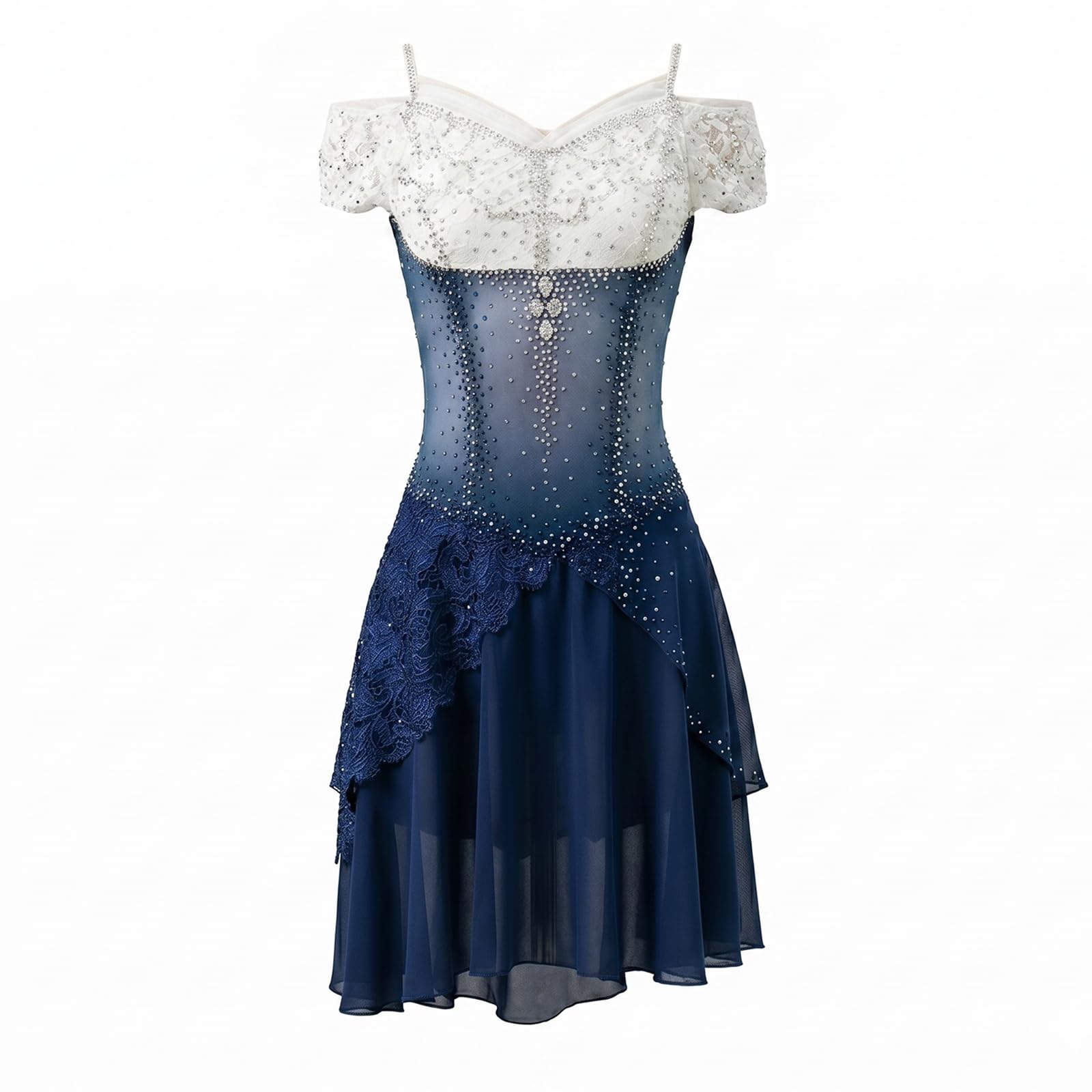 purpleq Damen Eiskunstlaufkleid mit Strass, Wettkampfkleid für Eiskunstlauf, Blau-Weißes Farbverlauf Design, Elegantes Performance Kostüm für Training und Wettbewerb