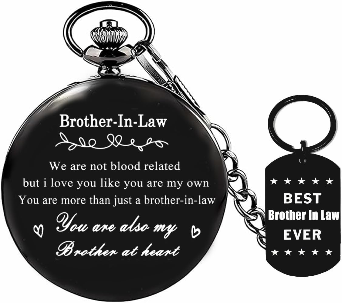 Udaney to My Brother in Law Engraved Pocket Watch & Keychain Set - Vintage Quartz Timepiece with Fob Chain - Meaningful Birthday, Christmas, Wedding Gift for Brother in Law - 2-Piece Keepsake Set
