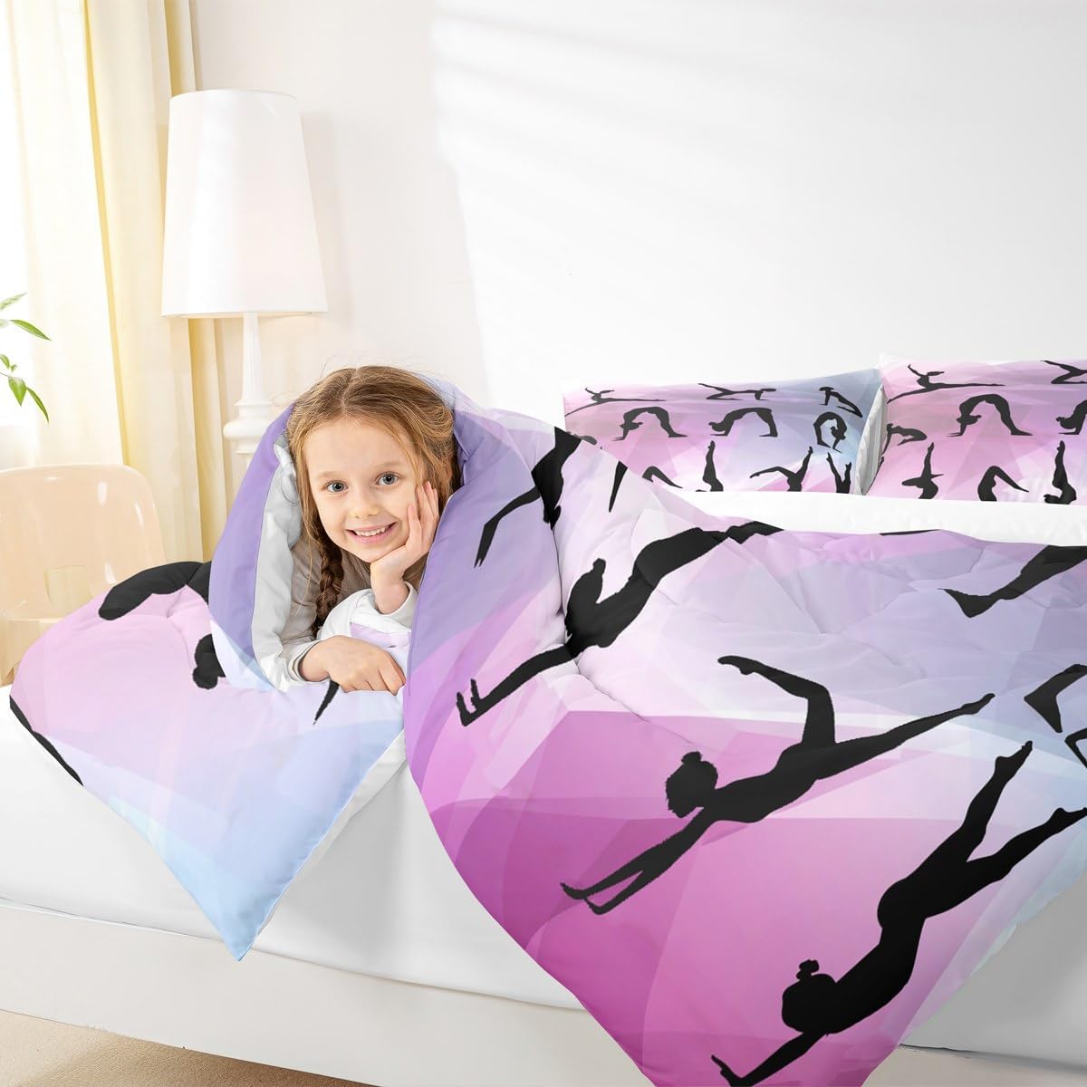 Gymnastics Comforter Set Twin Size,Dancing Lover Silhouette Bedding Set 2pcs for Kids Girls Woman Gymnast Room Decor,Cheerleading Sports Quilt Set Pink White Duvet Insert with 1 Pillowcase image 2