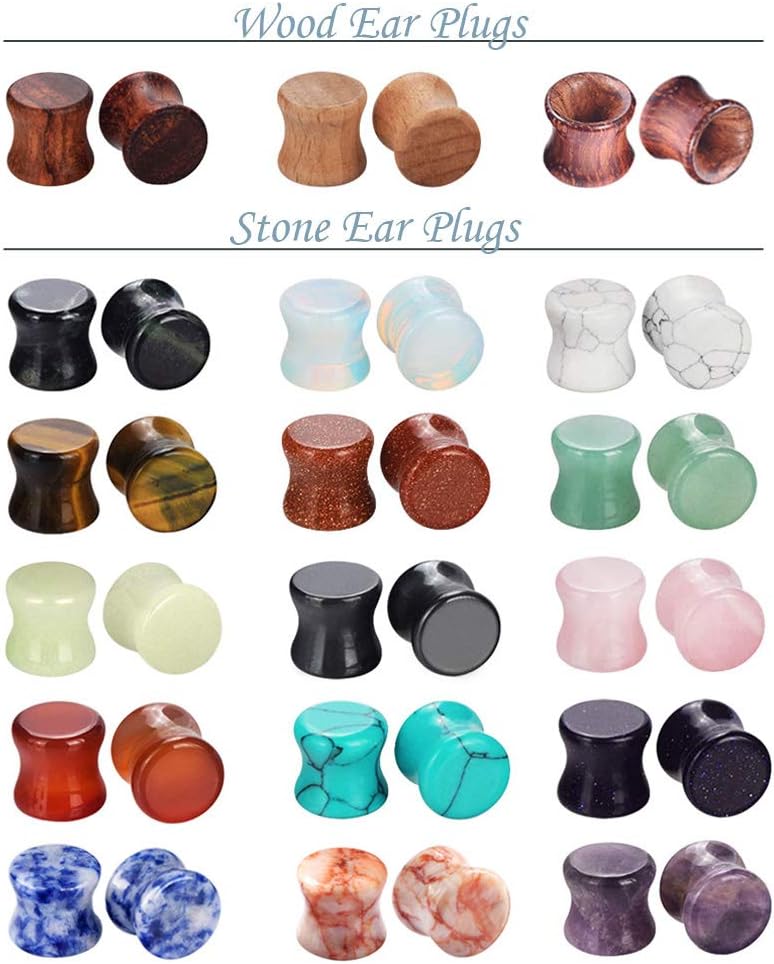 Longbeauty Wood Mixed Stone Plugs 18 Pairs/36 Pcs Double Flared Saddle Gauges Tunnels Expander Piercing Set