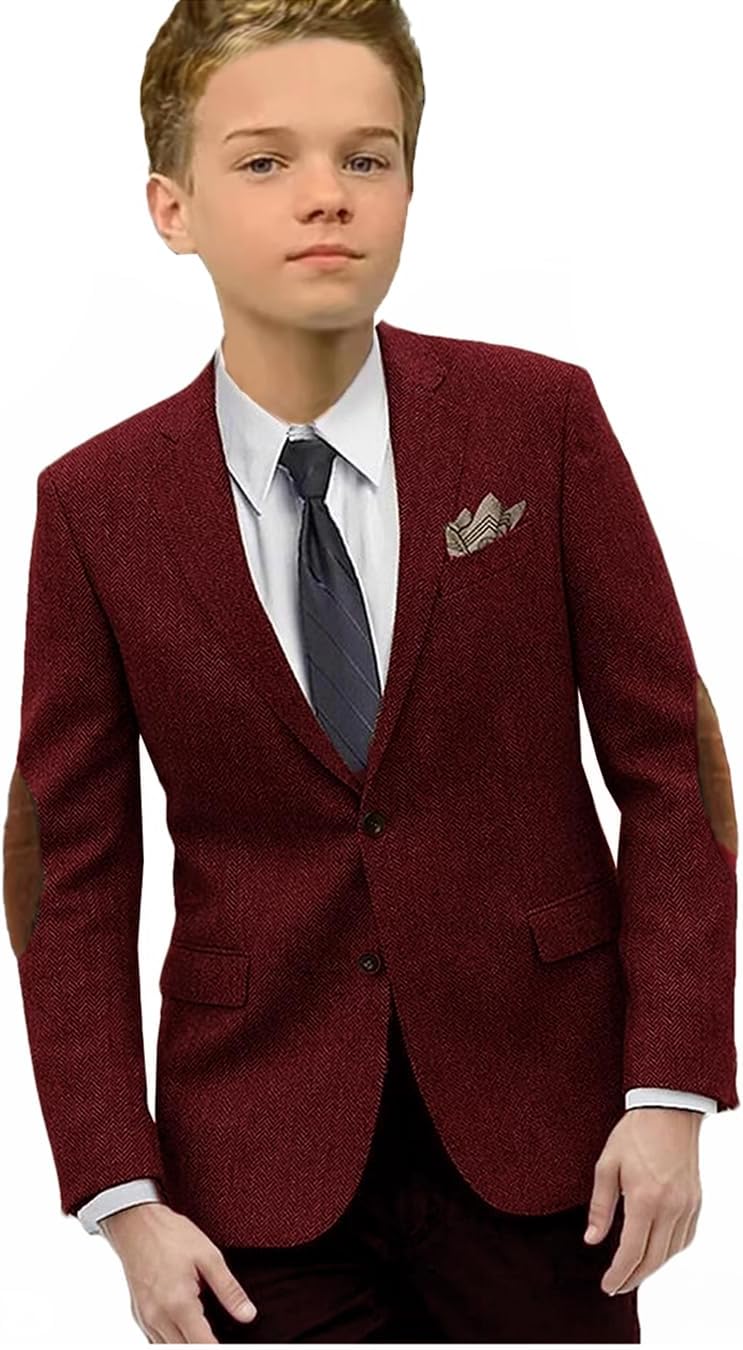 VENNYNG Boys Tweed Blazer Jacket with Elbow Patches Kids Short Trench Coat Vintage Coat