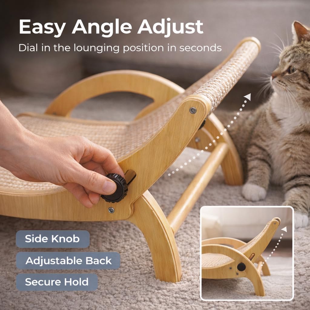 Adjustable Sisal Cat Scratcher Lounge Chair, Wooden Reclining Lounger Bed with Elevated Scratch-and-Rest Design for Indoor Cats, Natural Finish