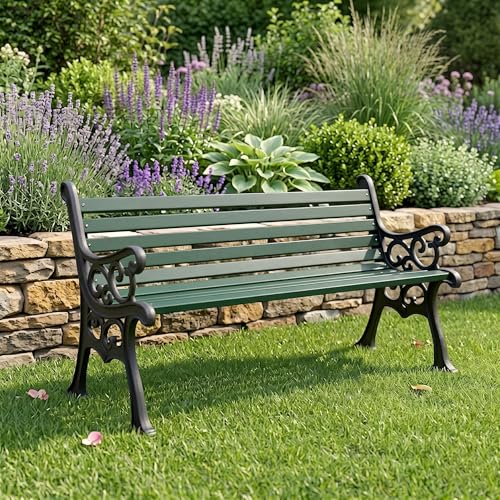 Image of BRISHI 3 Seater cast Iron Garden Bench for Indoor & Outdoor Park /Patio /Living Room /Terrace /Balcony (White) (Black + Green)