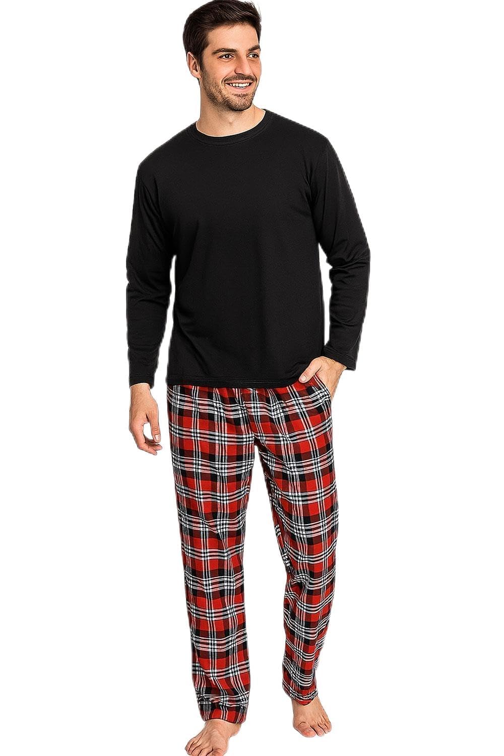 gaffer Mens Pyjama Set Tshirt Pyjamas Men Pjs Loungewear Check Woven Sleepwear Pajama Bottom Nightwear Long Sleeve T-Shirts Checked Pjama Lounge Pants Tee Top-picture-17