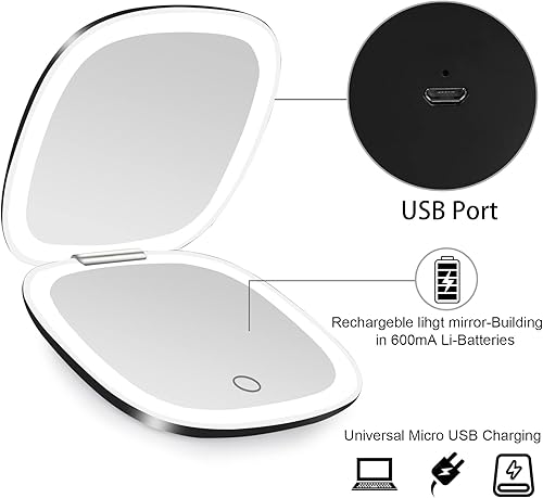 Miniatura 13 de deweisn Espejo compacto, espejo de maquillaje de viaje iluminado con aumento 1X/10X, bolsillo portátil regulable de doble cara para bolso