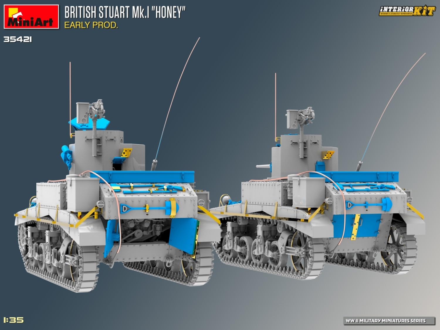 MiniArt 35421 1:35 Brit. Stuart Mk.I con interno – riproduzione fedele all'originale, modellismo, kit di costruzione in plastica, artigianato, hobby, incollaggio, modellismo, assemblaggio, non