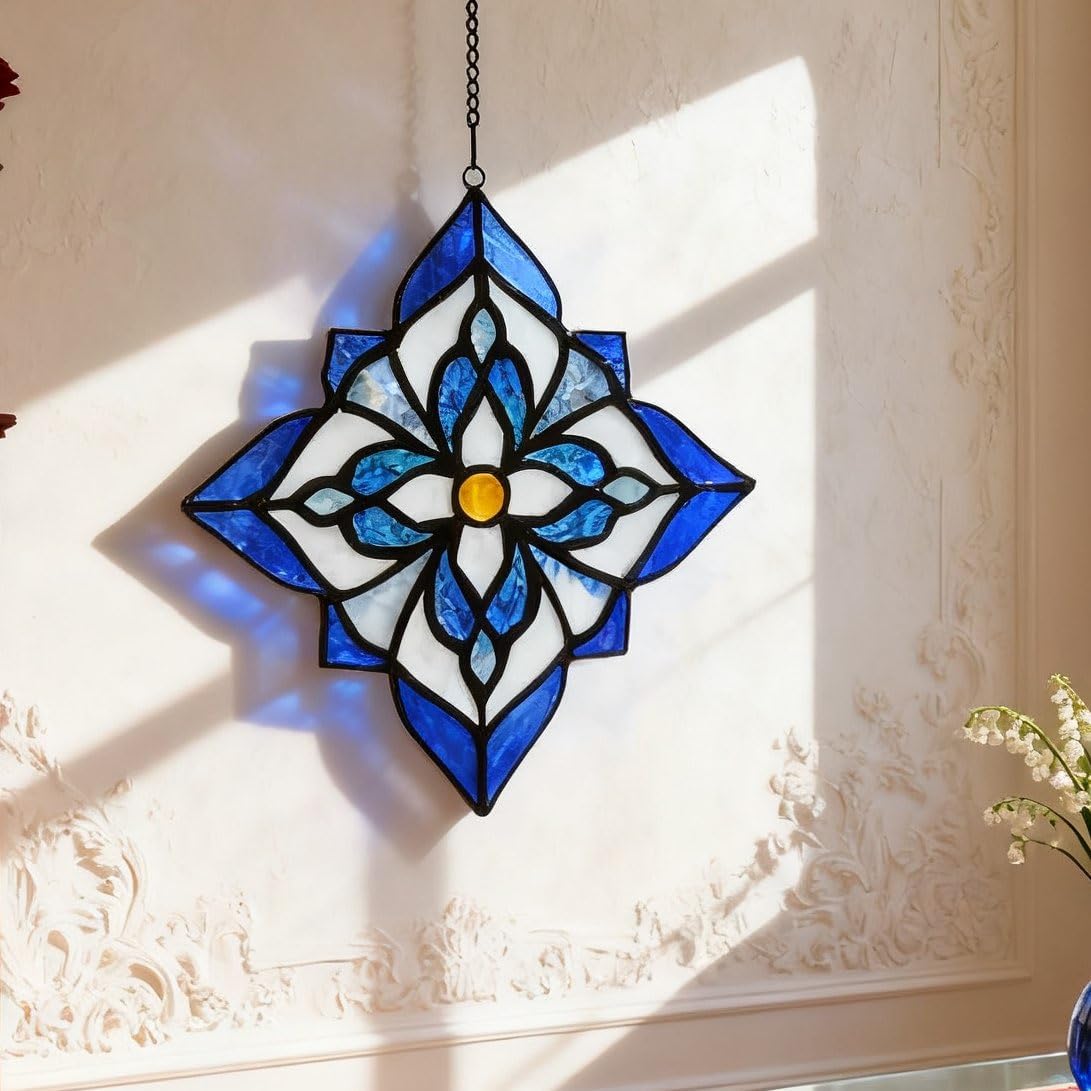 Stained Glass Window Hangings, Tiffany Style Window Panel Suncatchers Blue Art Flower - Image 6
