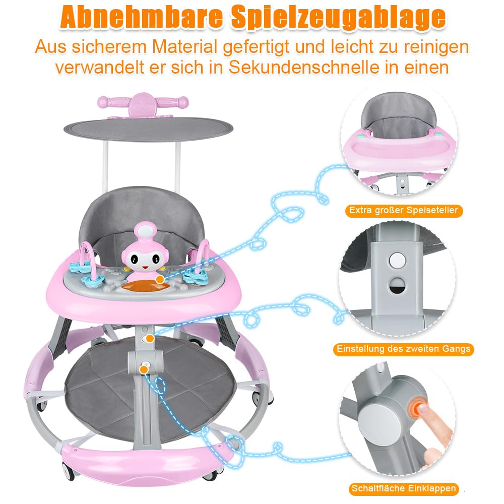 Girarrosto pieghevole per bambini, altezza regolabile, girello per neonati con musica, giocattolo per bambini, carico massimo 20 kg (rosa-67 x 67 x 79 cm)