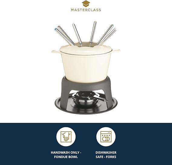 MasterClass Cast Iron Fondue Set, Fondue Pot with 6 Forks and Cast Iron Enamelled Bowl, Superior Heat Retention & Adjustable Burner, Gift Boxed, Cream, 21x18cm
