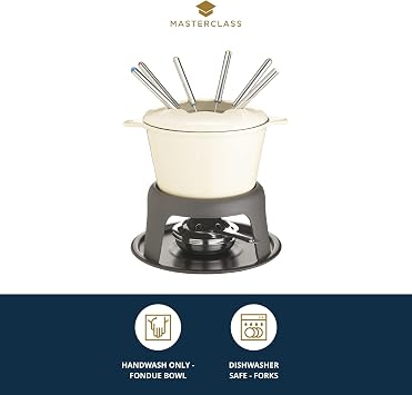MasterClass Cast Iron Fondue Set, Fondue Pot with 6 Forks and Cast Iron Enamelled Bowl, Superior Heat Retention & Adjustable Burner, Gift Boxed, Cream, 21x18cm