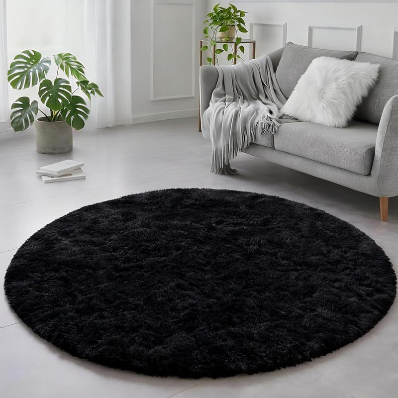 Image of Round Plain Fur Rugs for Hall and Drawing Room 7x7 Ft Modern Home Decor Handwoven Extra Comfy Premium Shag Black Color