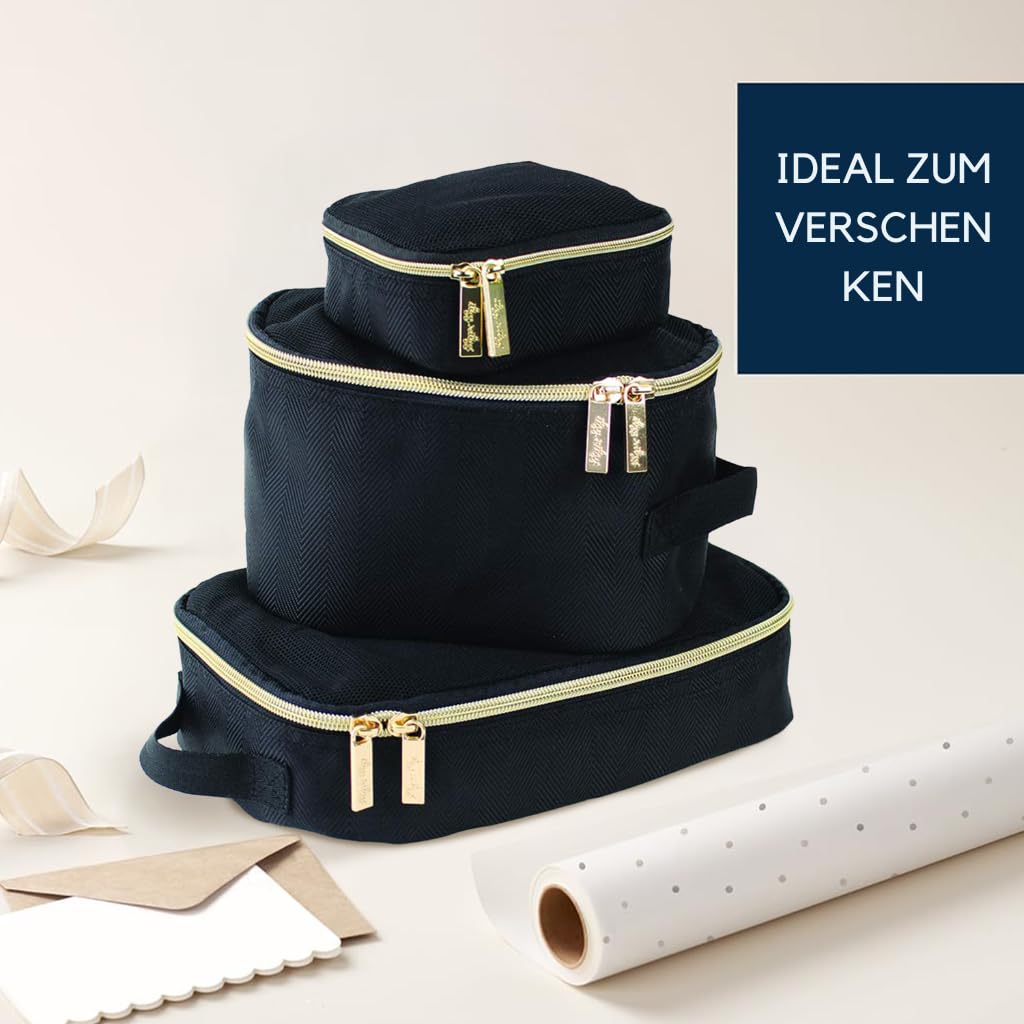 Itzy Ritzy 3er Set Packwürfel – Koffer Organizer Set für Reisen – Packbeutel mit Netzoberseite – Baby Kleidertaschen für Koffer, Rucksack & Handgepäck – Schwarz Gold Reiseorganizer