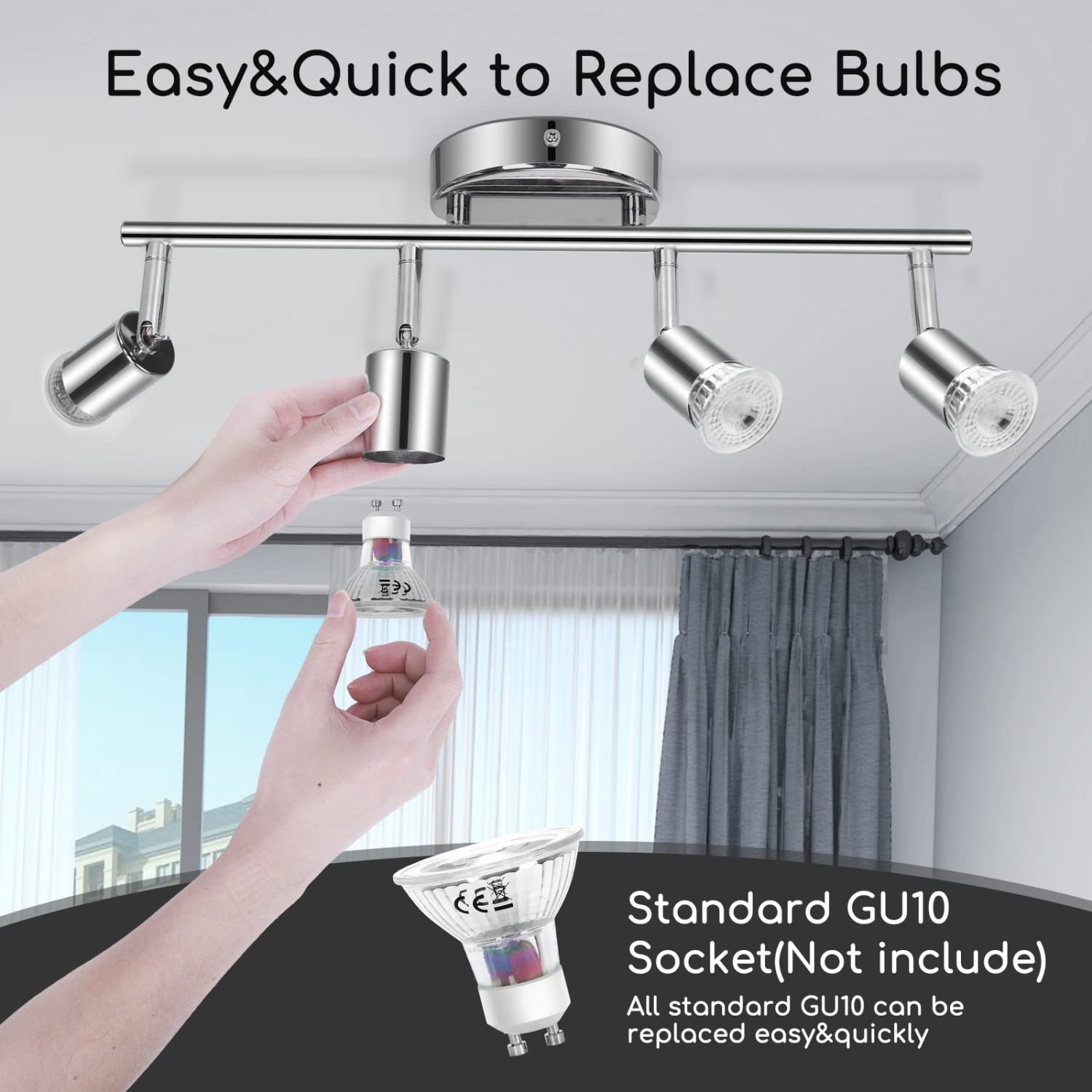 Aigostar Lámpara de Techo LED Focos， Plafón con Focos GU10 4 Luces para Ángulo Ajustable y Giratorio para Interior Focos de Techo Orientables para Dormitorio Cocina (Sin bombillas)