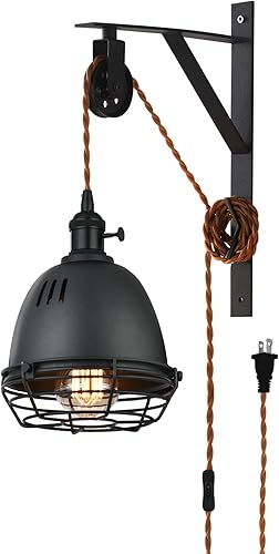 Miniatura 1 de SEEBLEN Lámpara colgante de pared con polea de montaje en pared con rueda industrial de diseño vintage con enchufe e interruptor marrón de 7 pies,