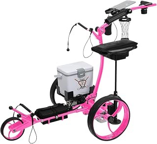 Pro Electric Golf Cart – Pink Foldable Motorized Caddy with Remote, Seat, 6-Pack Cooler, 24v Li Battery Lasts 36 Holes, USB Port, Scorecard Holder, Umbrella Mount