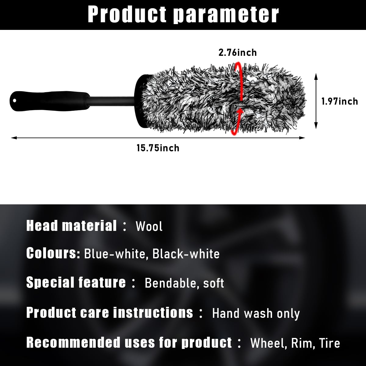 Gasedin Car Cleaning Rim Brush, Soft Wool Scratch Free Vehicle Cleaning Tool, Highly Water Absorption Wheel Brushes for Most Cars/Trucks/Motorcycles, Universal Car Accessories (Black)