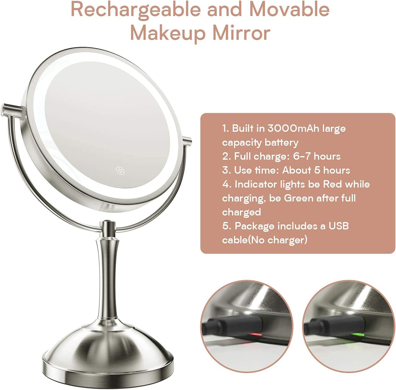 Benbilry 8" Lighted Makeup Mirror, 10X Magnifying Double-Sides Rechargeable Vanity Mirror with 54 LED Lights, 3 Color Lighting Modes, Adjustable Brightness, High Definition Cosmetic Light Up Mirror -