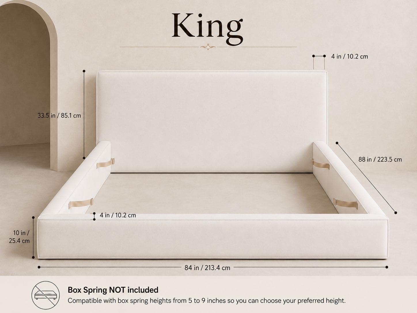 Bed - Premium Linen - Removable & Washable Cover - Soft Upholstered Minimalist Modern - Box Spring NOT Included (Cream Boucle, King)