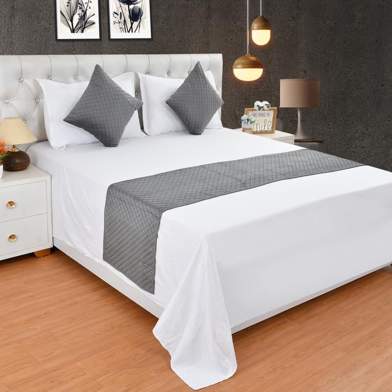 200TC Solid Quilted Velvet Bed Runner Scarf with Matching Cushion Covers/Slipcover Mattress Protector/Bed Linen Scarf/Decorative Set for Bedrooms/Hotel Rooms/Guest Rooms (Grey)-picture-15