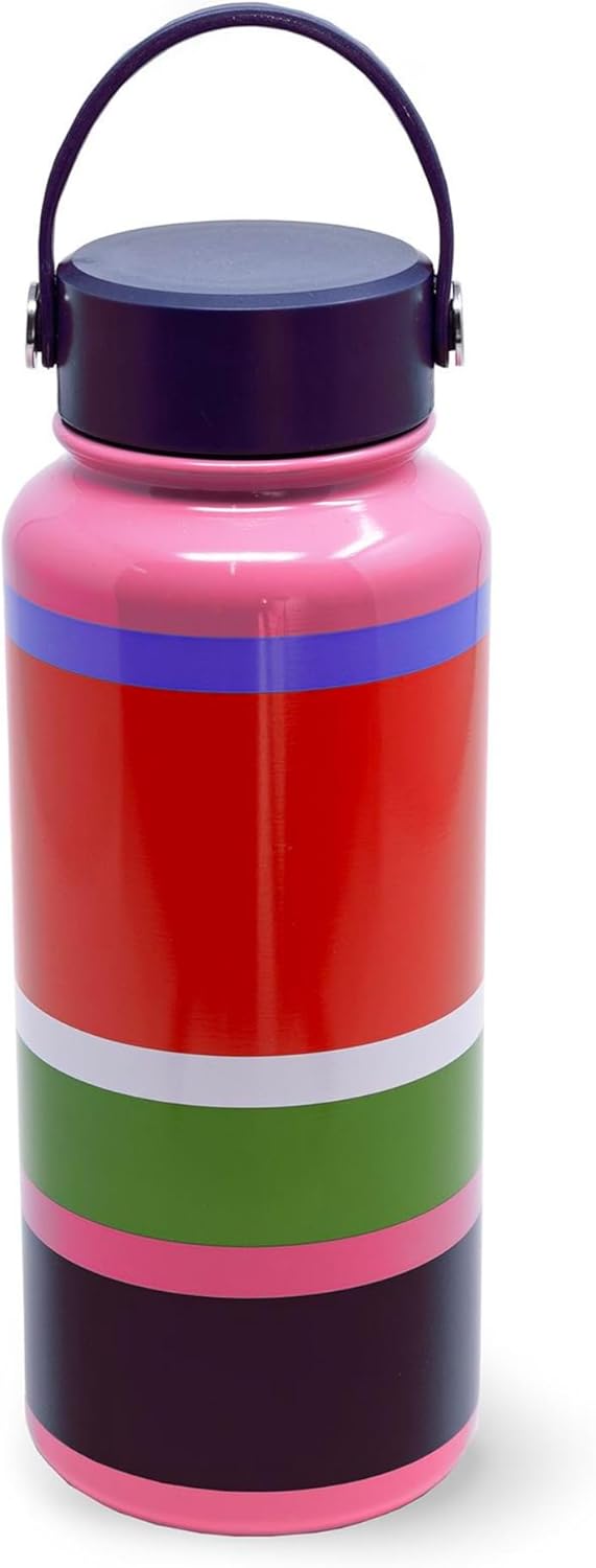 Kate Spade New York Large Insulated Stainless Steel Water Bottle, 33 Ounce Metal Water Bottle, Double Wall Travel Tumbler with Lid (Sunny Day Stripe)
