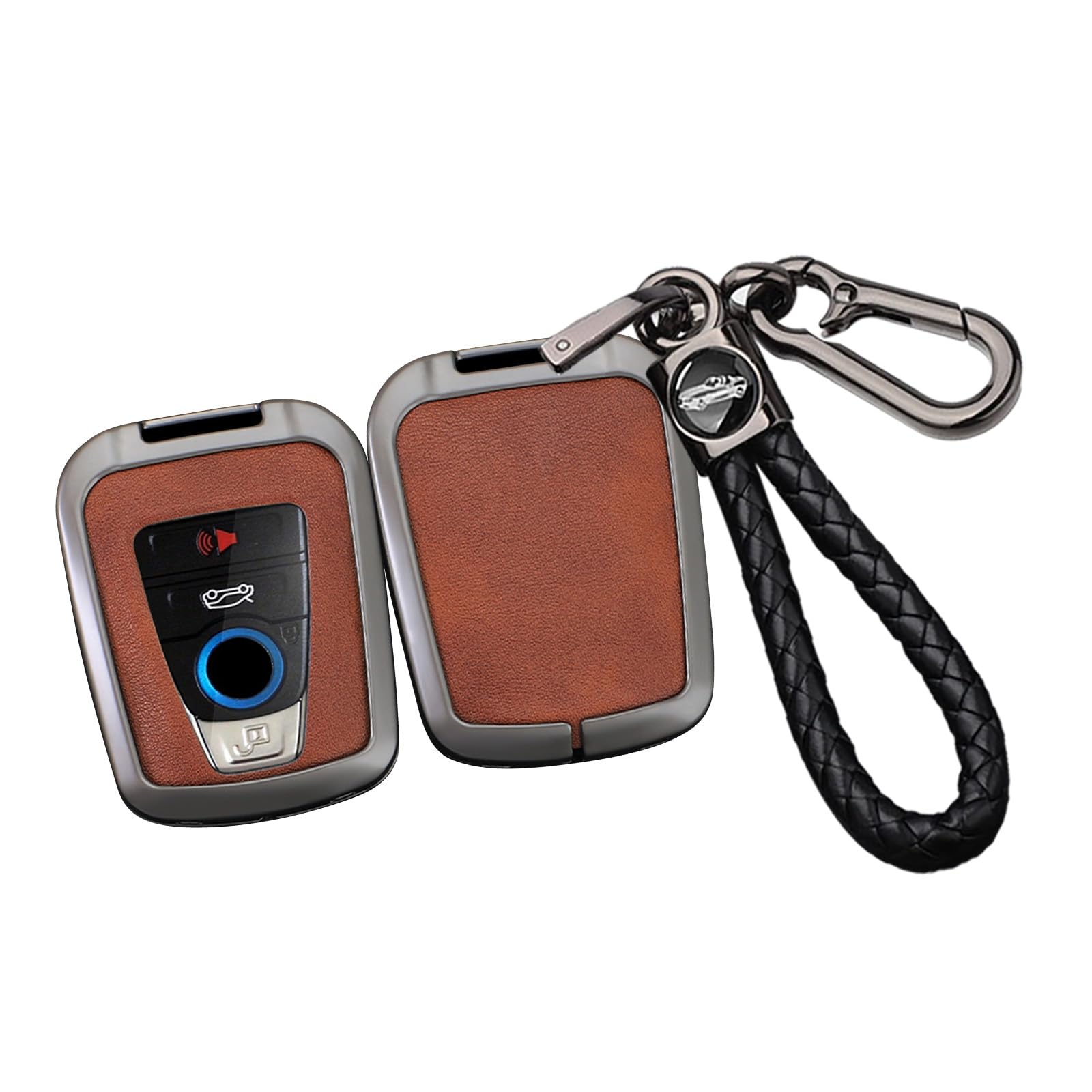 SANRILY Metal Leather 4 Button Smart Key Fob Cover Compatible with BMW i8 2014-2022 i3 Accessories Keyless Anti-Scratch Key Fob Protector with Weave Keychain Black-Brown