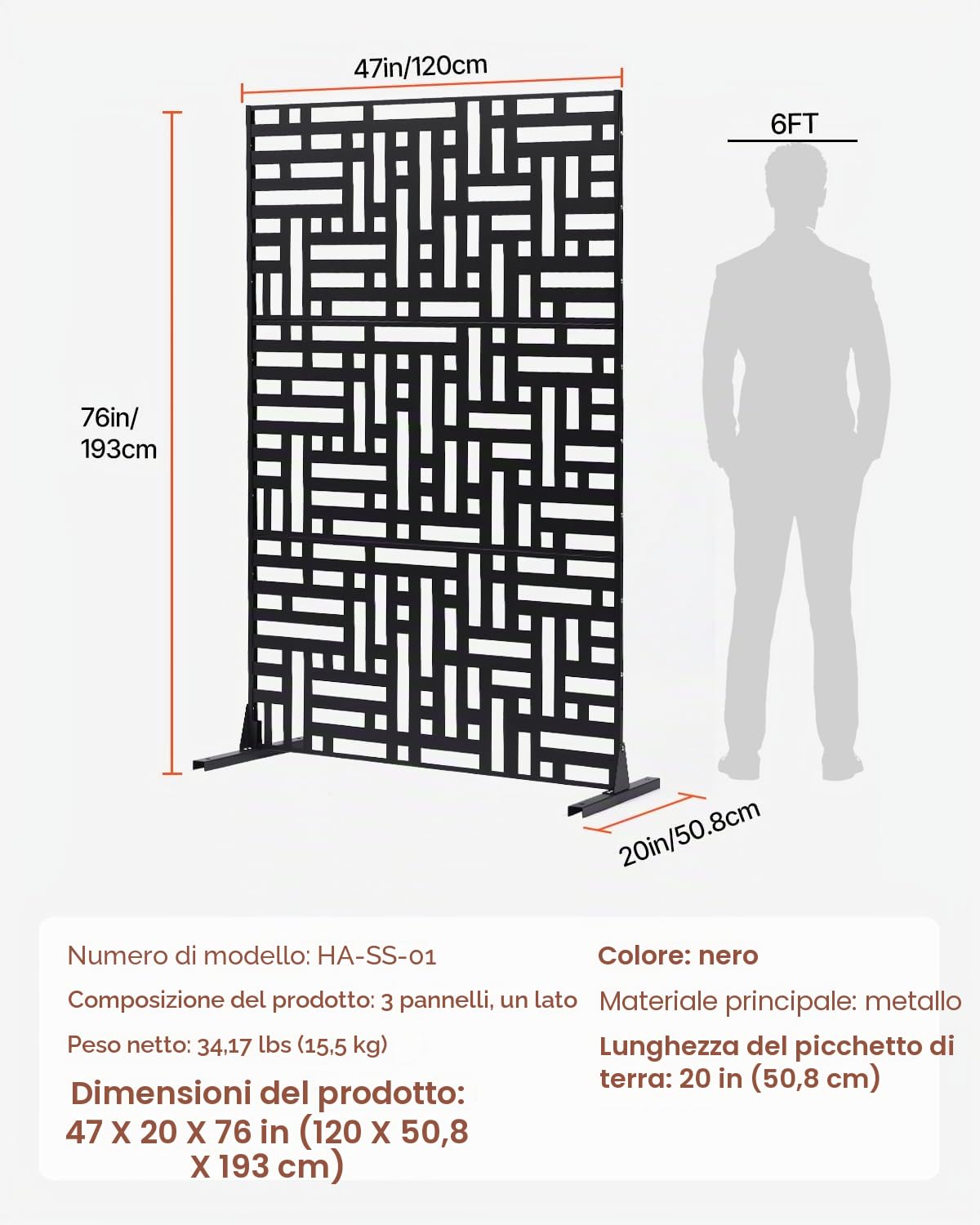 VEVOR Pannelli per Privacy in Metallo 120x50,8x193 cm Schermi Pannelli per Privacy all'Aperto, Fendivista Divisorio per Esterno Indipendente con Supporto, Recinzione Decorativa 3 Schermi da Giardino