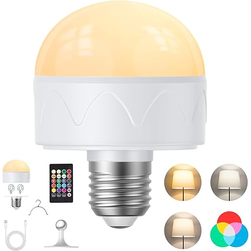 Rechargeable Light Bulbs, E26 40W Battery Light Bulbs, Color Changing Light Bulbs with Remote, 3000-6000K, Timable, Dimmable, Magnetic 360° Rotation for Outdoor Home Room